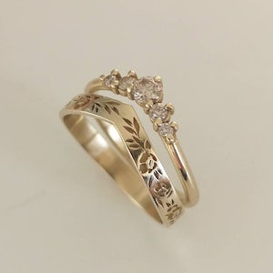 Wedding ring set, 14k vintage style floral band paired with a champagne diamond ring.