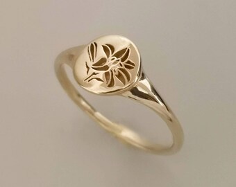Gold Signet Ring, Flower Signet Ring, 14k Gold Lily Flower Signet