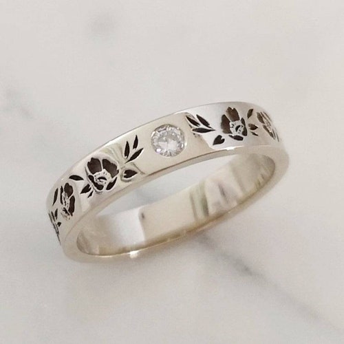 Floral Wedding Band 14k Gold Vintage Style Flower Wedding Etsy
