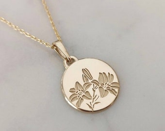 Lily flower necklace, 14k gold unique personalized pendant, engraved flower necklace , personalized Valentine's day gift