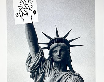 Lady Luck, Democracy, Statue of Liberty, Keith Haring, b/w,