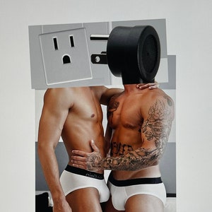 May include: An artistic image featuring two shirtless individuals in white briefs, embracing. One has a plug for a head, the other a wall outlet. The image is a collage, with the figures against a neutral background. The briefs have a black waistband.
