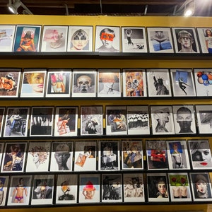 May include: A display of framed art prints featuring a variety of artistic styles and subjects. The prints are arranged on shelves, showcasing portraits, abstract designs, and surreal imagery. The color palette includes black, white, and pops of color, creating a visually diverse collection.