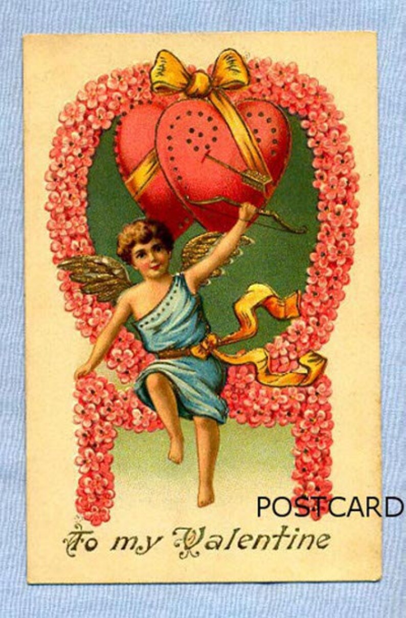 Valentine Postcard Circa 1910 Hearts Cupid Pink Flowers Vintage Greeting
