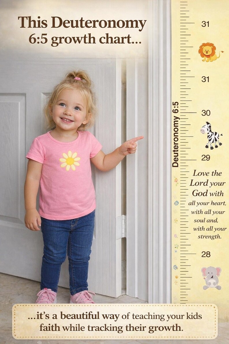 K&ouml;nnte beinhalten: Eine Wachstumstabelle mit dem Text "This Deuteronomy 6:5 growth chart..." und einer Gr&ouml;&szlig;enskala in Zentimetern. Die Tabelle enth&auml;lt Illustrationen eines L&ouml;wen, eines Zebras und eines Elefanten. Der Text "Love the Lord your God with all your heart, with all your soul and, with all your strength." ist ebenfalls vorhanden.