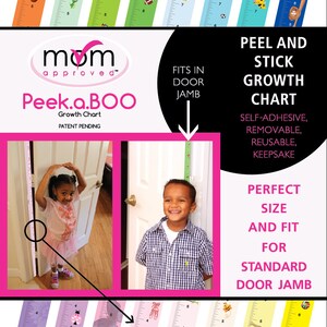 K&ouml;nnte beinhalten: Ein selbstklebendes Wachstumsmessband mit dem Text "Peek.a.BOO" und "Mom Approved". Das Messband ist f&uuml;r einen Standard-T&uuml;rrahmen konzipiert und verf&uuml;gt &uuml;ber farbenfrohe Designs mit Sport- und Tiermotiven. Das Messband ist selbstklebend, abnehmbar, wiederverwendbar und ein Andenken.