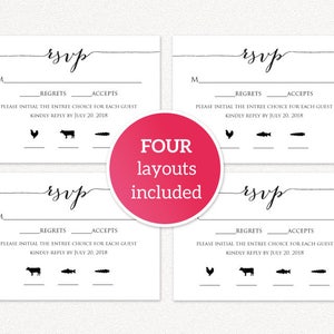 RSVP Card With Meal Icons Templates, FOUR Meal Combinations, RSVP Insert Template, Printable ...