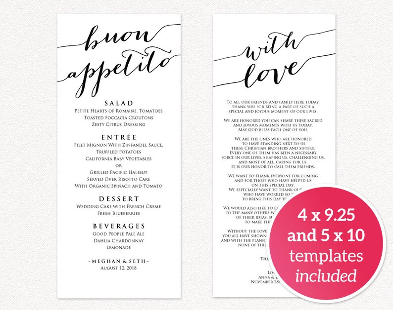 Menu Wedding Wedding Menu Cards Wedding Menu Printable Wedding Menu Template Buon Appetito Menu Template Menu Cards Wedding Menu