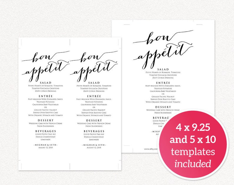 Bon Appetit Wedding Menu Templates Bon Appétit Editable Etsy