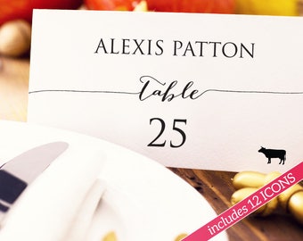 Place Card Template, Place Cards with Meal Choice, Place Cards Wedding, Place Cards Printable, Place Cards With Meal Icon, Seating Cards