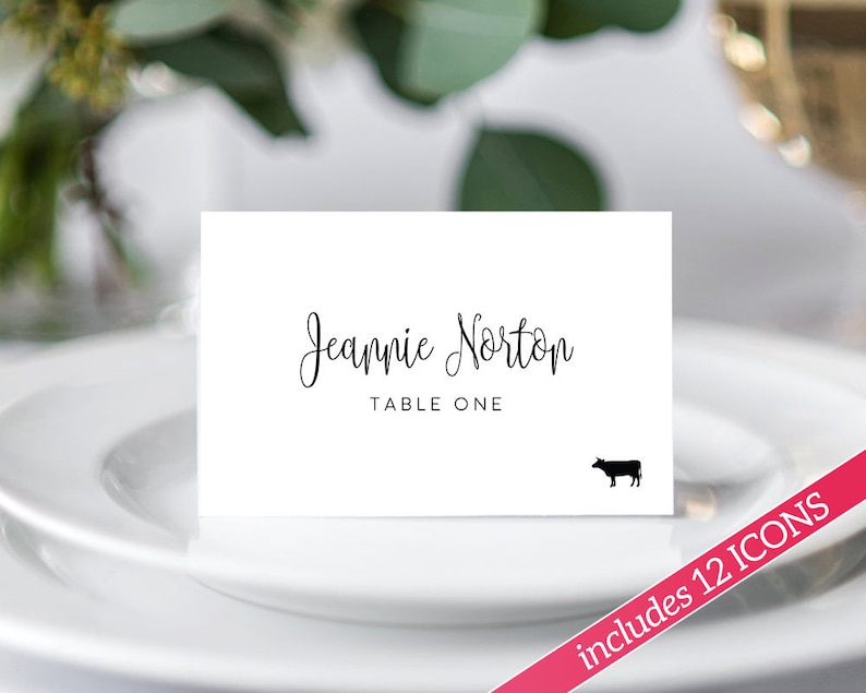 Place Cards With Meal Icon Place Card Template Place Cards Wedding Place Cards Printable Place Cards with Meal Choice Escort Cards