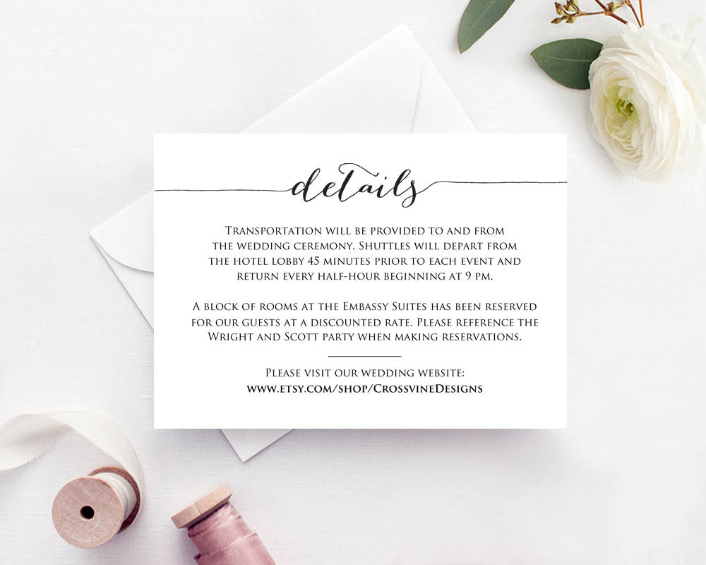 details card insert wedding information card template diy etsy