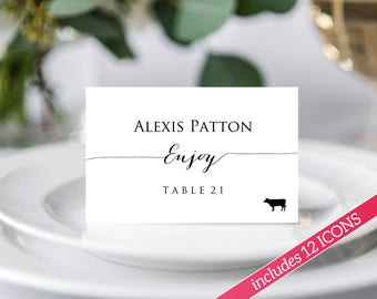 Place Card Template, Place Cards with Meal Choice, Place Cards Wedding, Place Cards Printable, Place Cards With Food Icon, Seating Cards