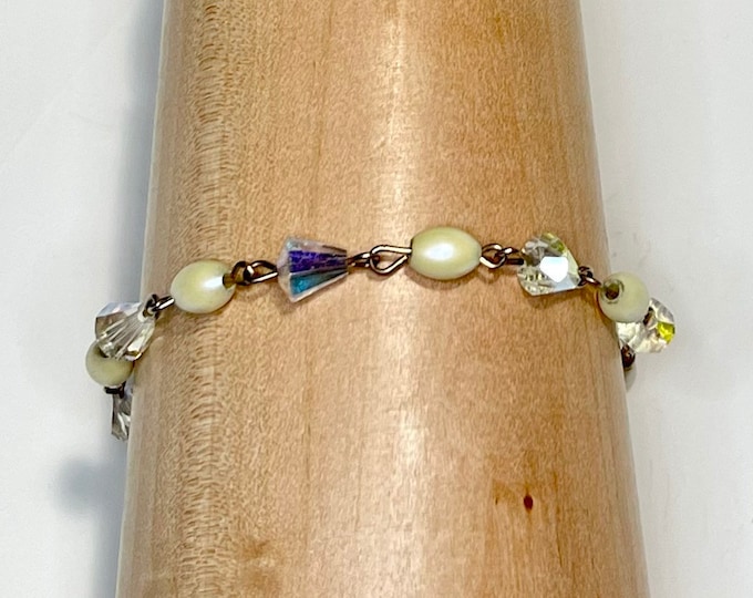 Beaded Victorian Bracelet, Vintage Sparkle Iridescent Faux Pearl Bracelet