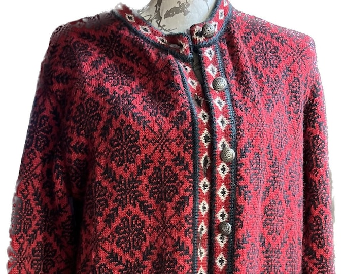 Red Sweater, LL Bean Wool Button Up, Winter Holiday Cardigan