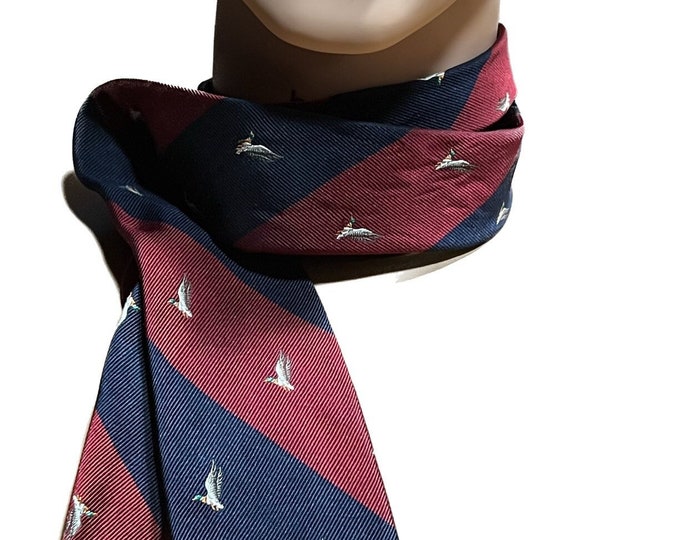 Flying Duck Tie, Mallard Red and Blue Striped Necktie,