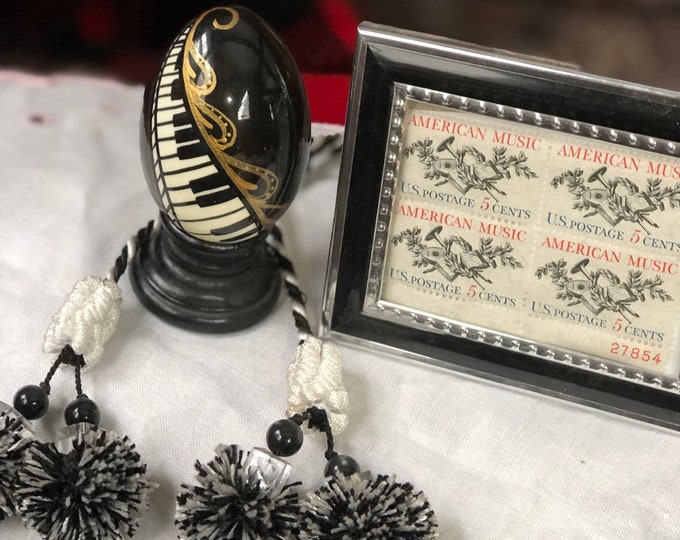 Piano Keys Painted egg, Black and White Tassels, Vintage Framed Music Postage Stamps