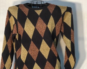 Holiday Party Sweater, Festive Sparkly Gold and Copper Diamond Pattern New Year's Eve Party Shirt