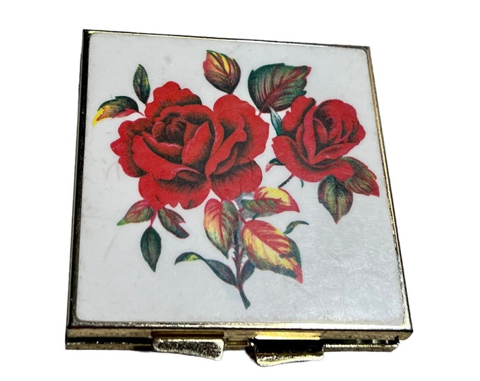 Rose Compact Mirror, Vintage Purse Accessory, Pill Holder