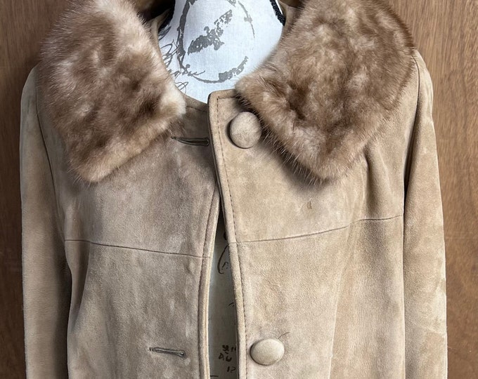 Mink Fur Collar Suede Coat, Women’s Vintage Brown Leather Jacket, Mid Century Fashion