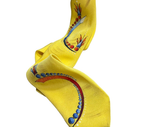 Yellow Hand Painted Necktie Made In California, Retro Men’s Fashion,  Formal