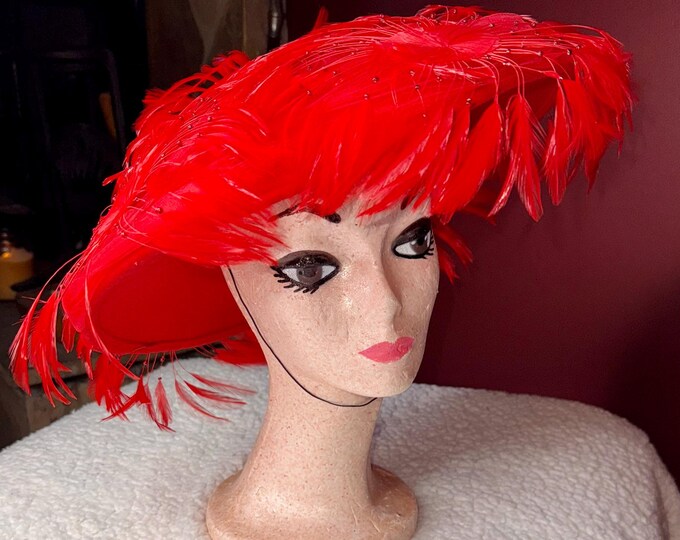 Kentucky Derby Hat Red Feather Wool, Retro Fashion Mr Charles Michael Howard Made In USA