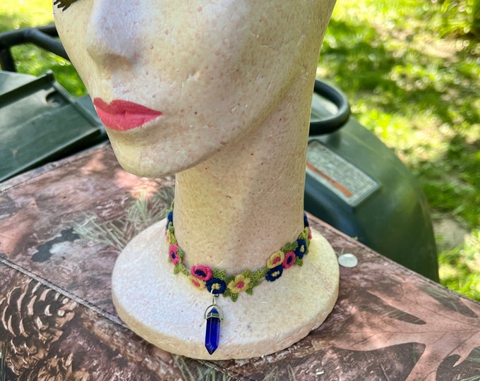 Choker Necklace, Blue Glass Crystal Costume Jewelry, Boho Concert