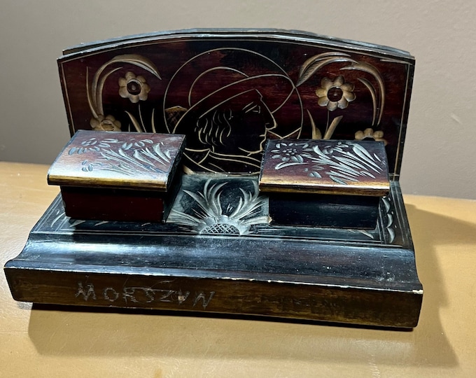 Antique Desk Ink Box, Carved Wood Inkwell Holder, Home Office Decor