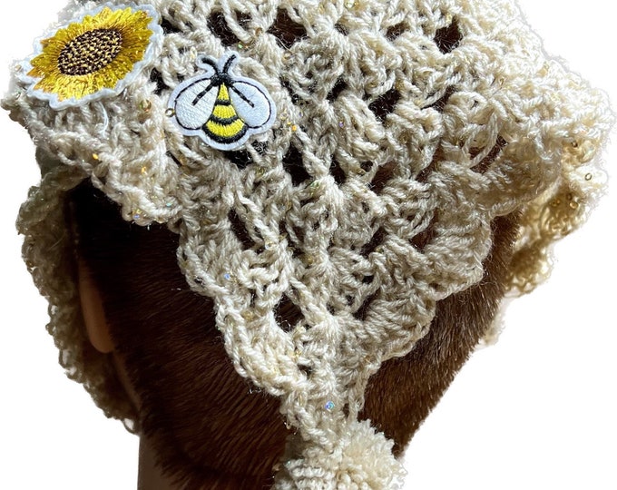 Bumblebee Head Scarf, Gold Crocheted Boho Bandana, Concert Hat