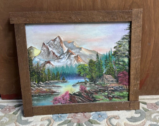 Scenic Mountain Oil Painting, Log Cabin Vintage Picture, Country Farmhouse Wall Hanging, Rough Cut Lumber Wooden Frame