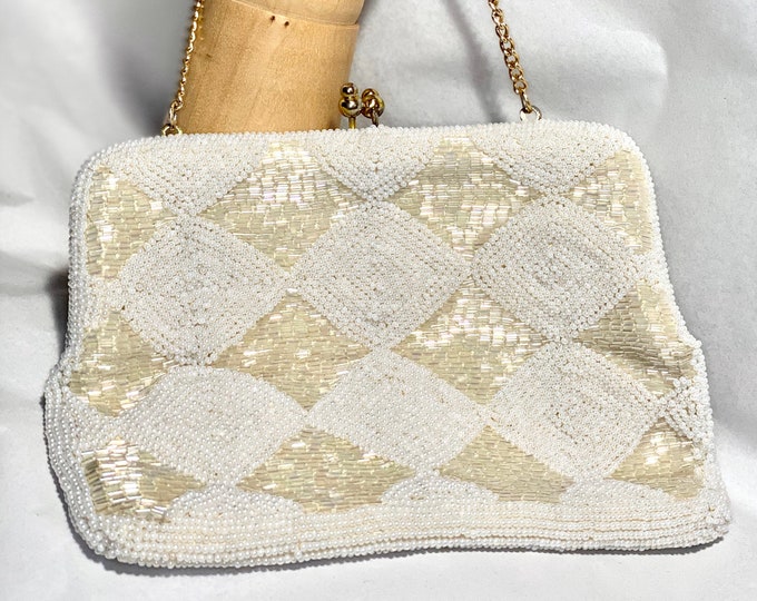 White Bead Formal Handbag, Handmade Vintage Purse, Diamond Shape Bead Pattern Bag