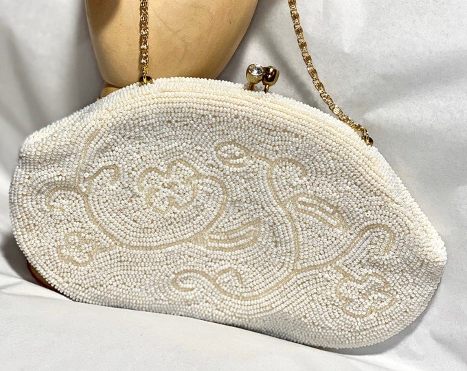 White Beaded Handbag, White Formal Fashion Evening Bag, Mid Century Purse Sweetline