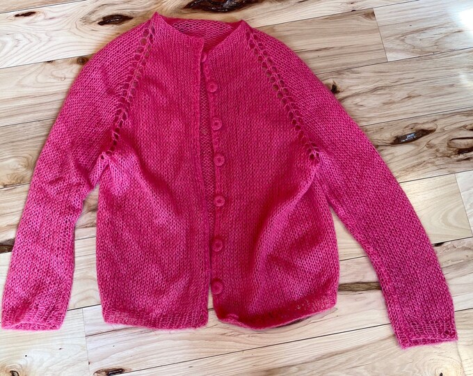 Women’s Mohair Cardigan, bright hot pink button up sweater