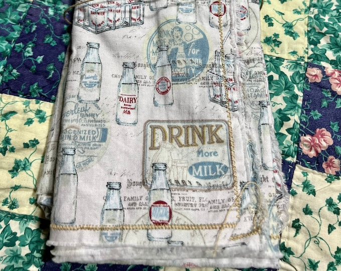 Farmhouse Napkins, Vintage Dairy Milk Bottles Linens, Retro Table