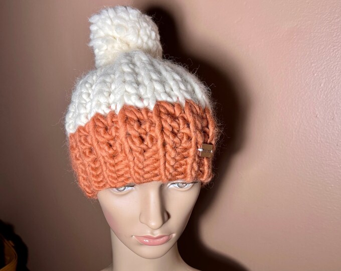Knit Winter Hat, October Candy Corn Cap, Knitted Unisex Pom Pom Winter Beanie Cap