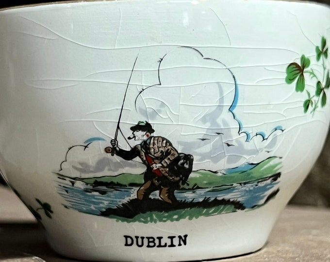 Dublin Fly Fishing Vintage Cup, Vintage St Patrick’s Day, Carrigaline Pottery