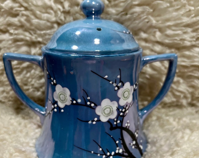 Blue Iridescent Sugar Bowl, Hand Painted Lidded Bowl, Cottage Kitchen Decor