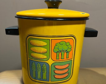 Yellow Enamelware Vintage Stock Pot, Camping Pot With Lid, Retro Kitchen