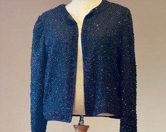 Black beaded formal jacket, silk sequins sparkle women’s evening wear