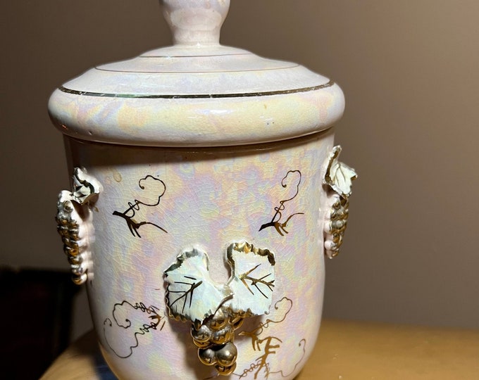 Pink Iridescent Vintage Pottery With Lid, Grape Leaf Motif, Bathroom Vanity Storage