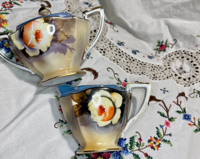 Porcelain Sugar Bowl and Creamer, Noritake Hand Painted Tea Set, Vintage China