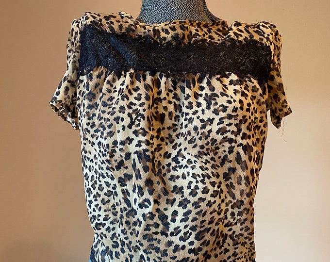 Leopard sheer lingerie top, lace embellished summer shirt