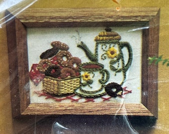 Popcorn and Donuts Embroidery Craft Kit, Vintage Needlepoint Project, Retro Crewel Picture