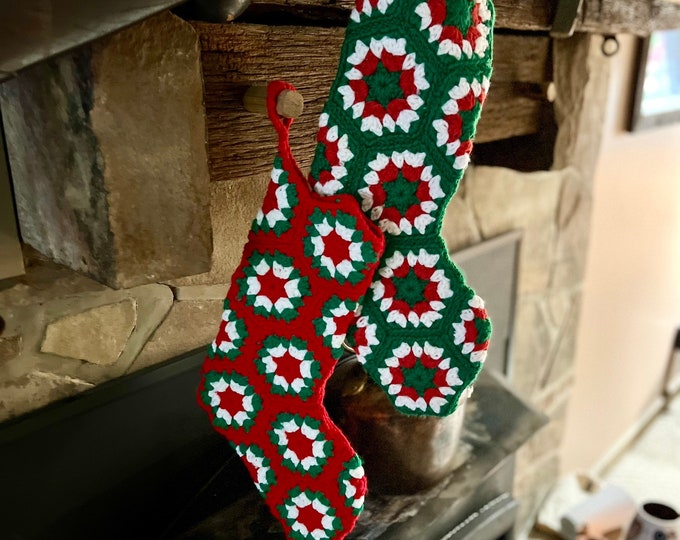 Couples Christmas Stockings, Crocheted Christmas Decoration Granny Square Christmas Holiday Stocking,
