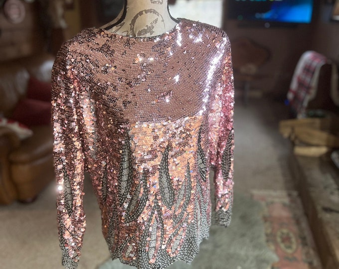 Formal Sparkle Pink Shirt, Oleg Cassini Vintage Sequins Top, Festive Holiday Party Wear