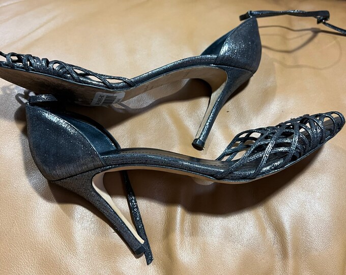 Black Shimmer High Heel Shoes, Formal Evening Wear Open Toe Silver Shine Shoes