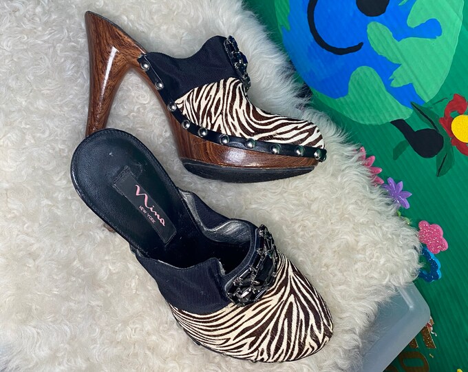 Zebra Women’s Mules, rhinestone clogs, vintage fur fashion shoes