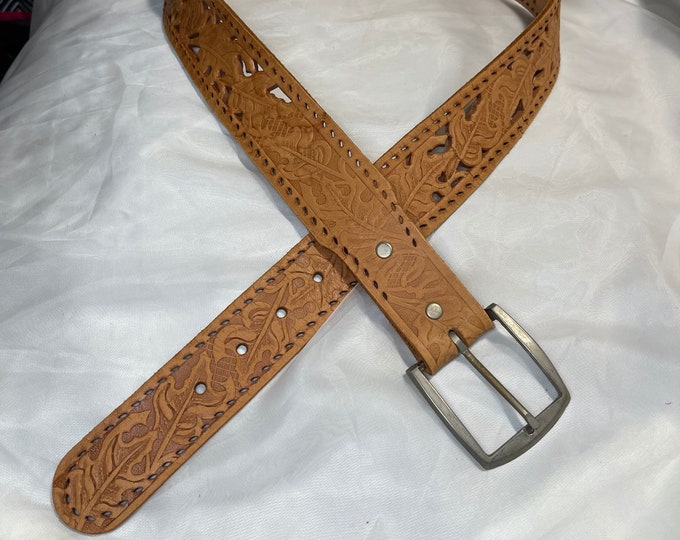 Brown Leather Unisex Belt, Embossed Leaf Belt, Autumn Accessory