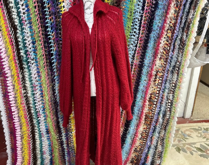 Mohair Cardigan Sweater, Long Red Women’s Vintage Wool Jacket, Vintage Fashion