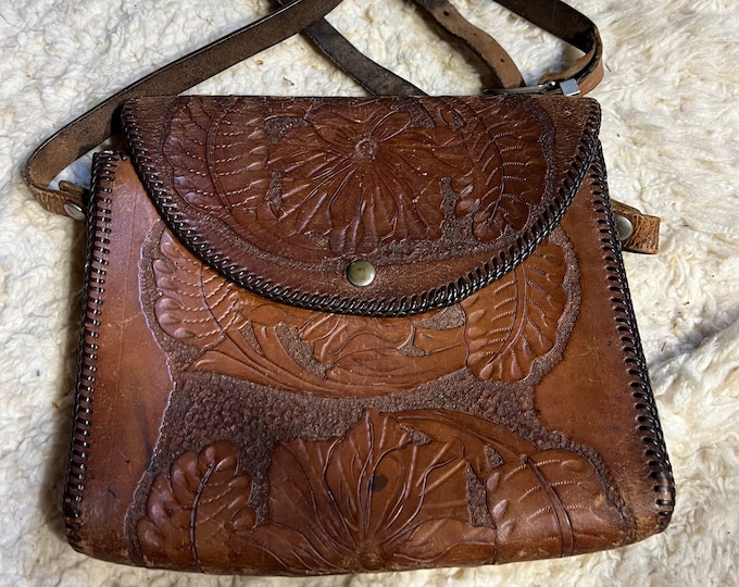Embossed Leather Handbag, Vintage Rustic Cowgirl Purse, Southwestern Bag